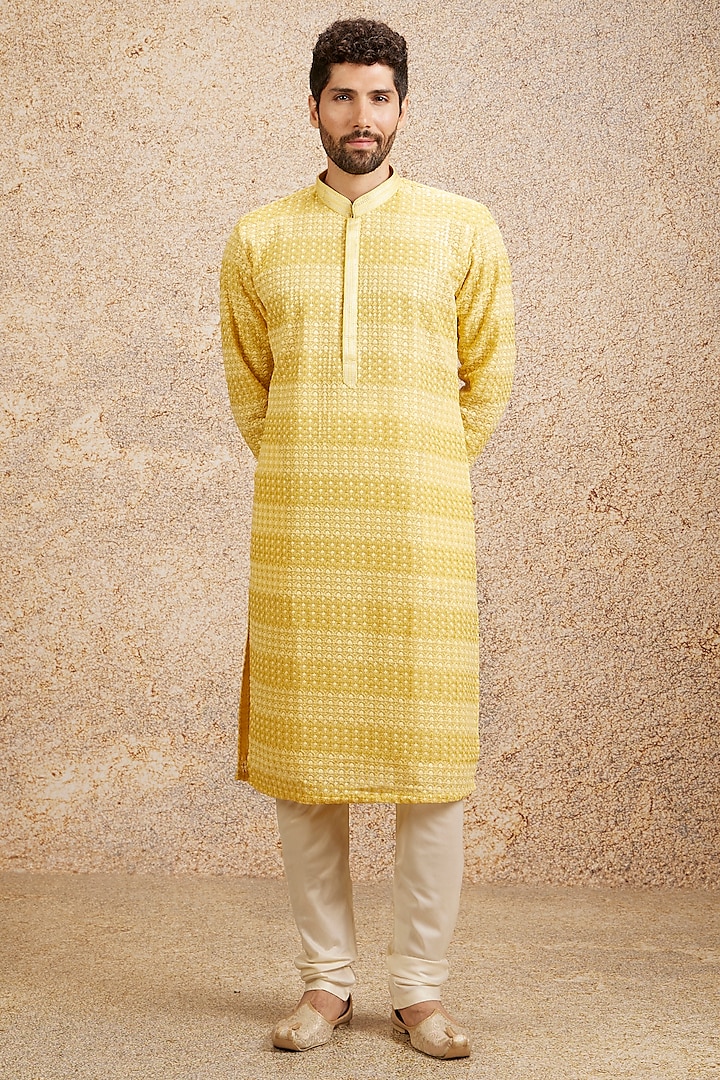 Yellow Georgette Embroidered Kurta Set by Twamev at Pernia's Pop Up Shop