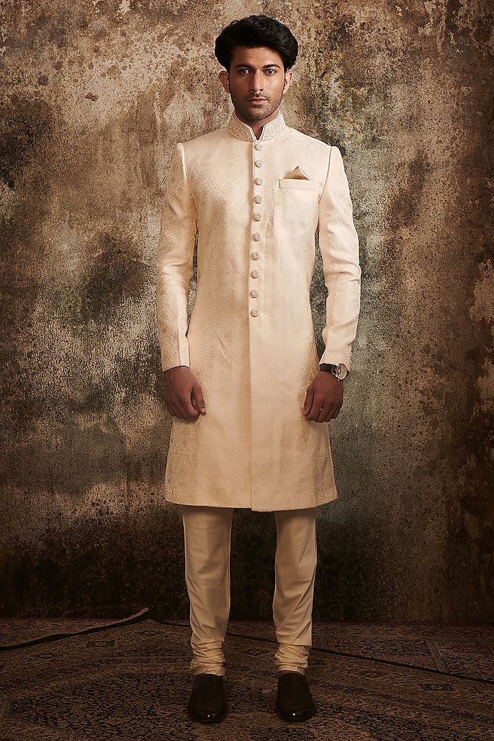 Peach Brocade Hand Embroidered Wedding Sherwani Set by Twamev at Pernia's Pop Up Shop