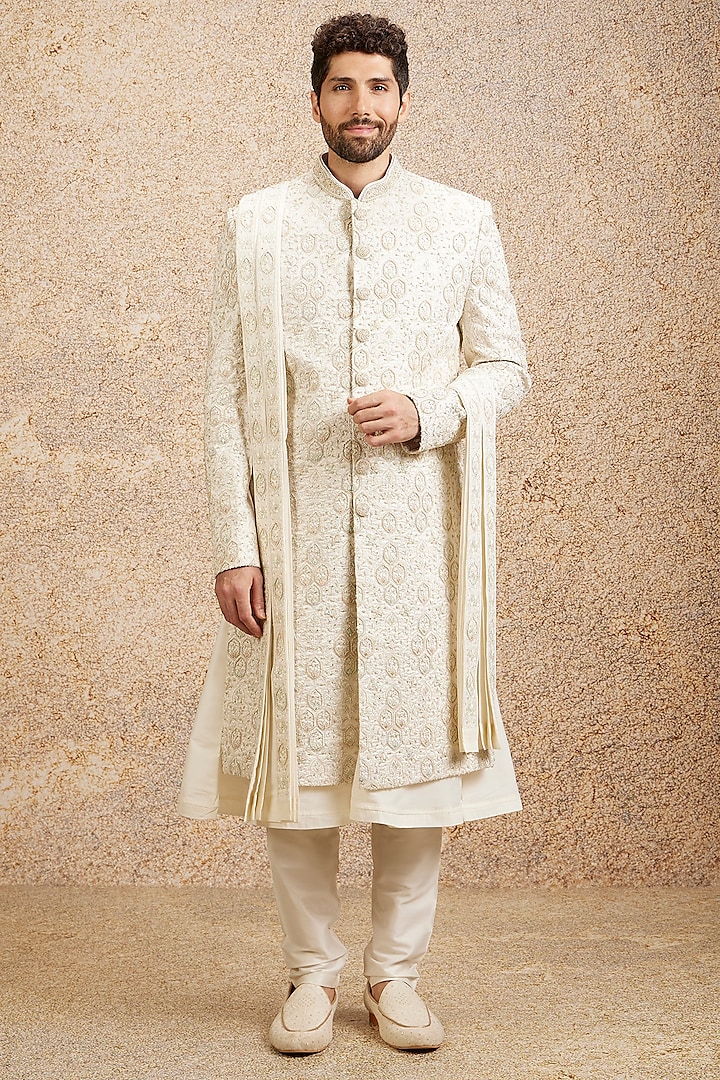 Warm White Georgette Hand Embroidered Sherwani Set by Twamev