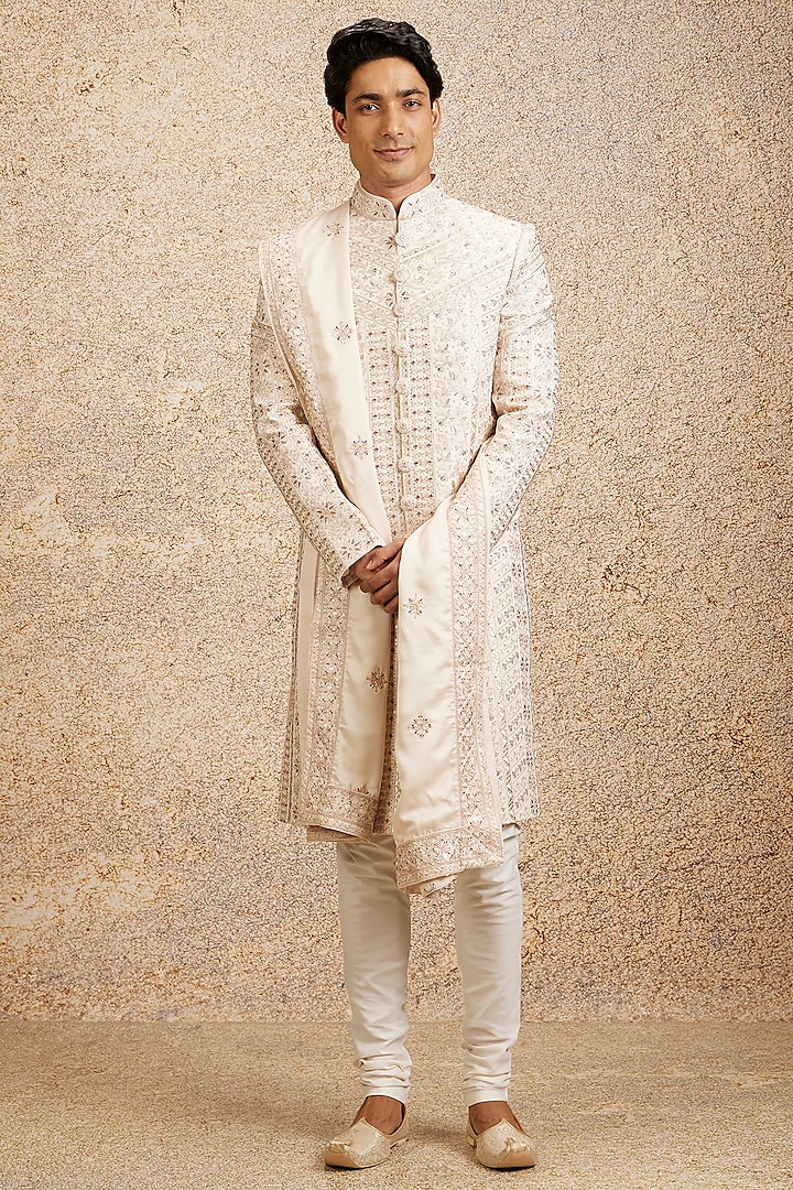 Cream Satin Embroidered Wedding Sherwani Set by Twamev at Pernia's Pop Up Shop