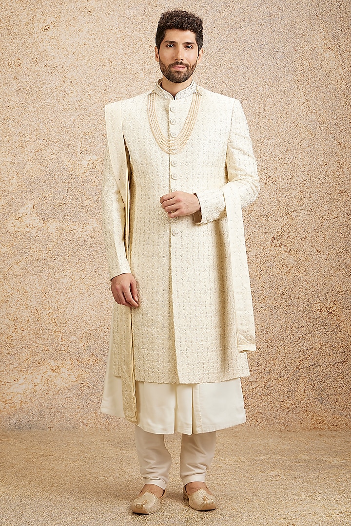 Cream Brocade Hand Embroidered Wedding Sherwani Set by Twamev at Pernia's Pop Up Shop