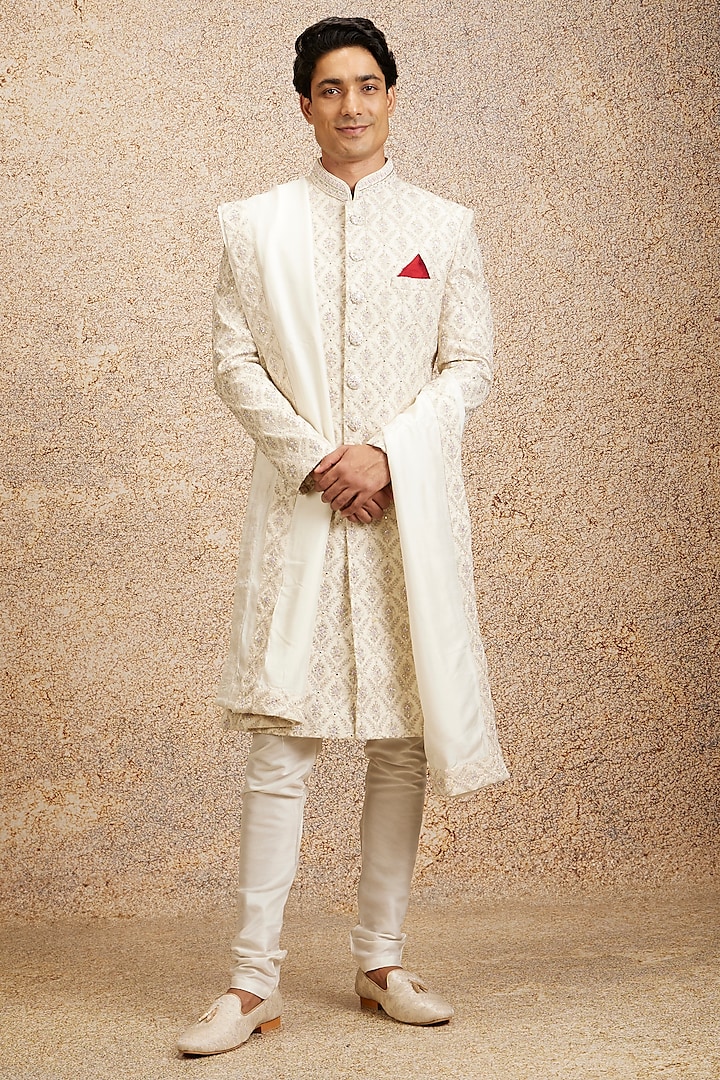 Cream Art Silk Embroidered Wedding Sherwani Set by Twamev at Pernia's Pop Up Shop