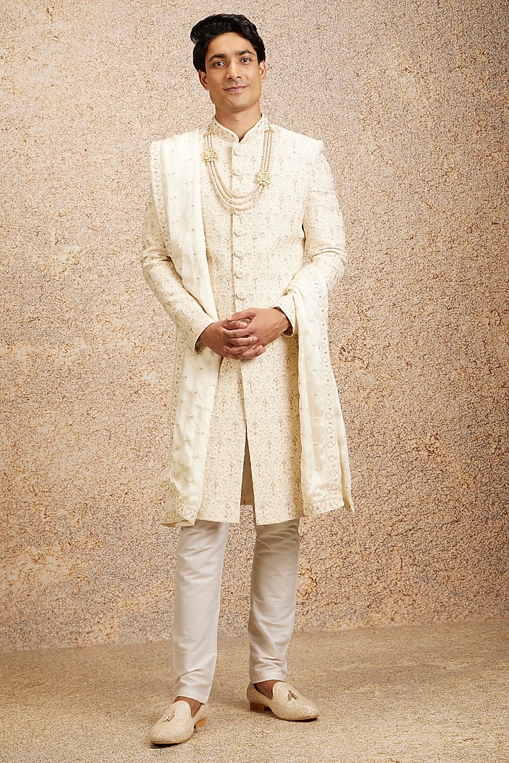 Cream Art Silk Hand Embroidered Sherwani Set by Twamev