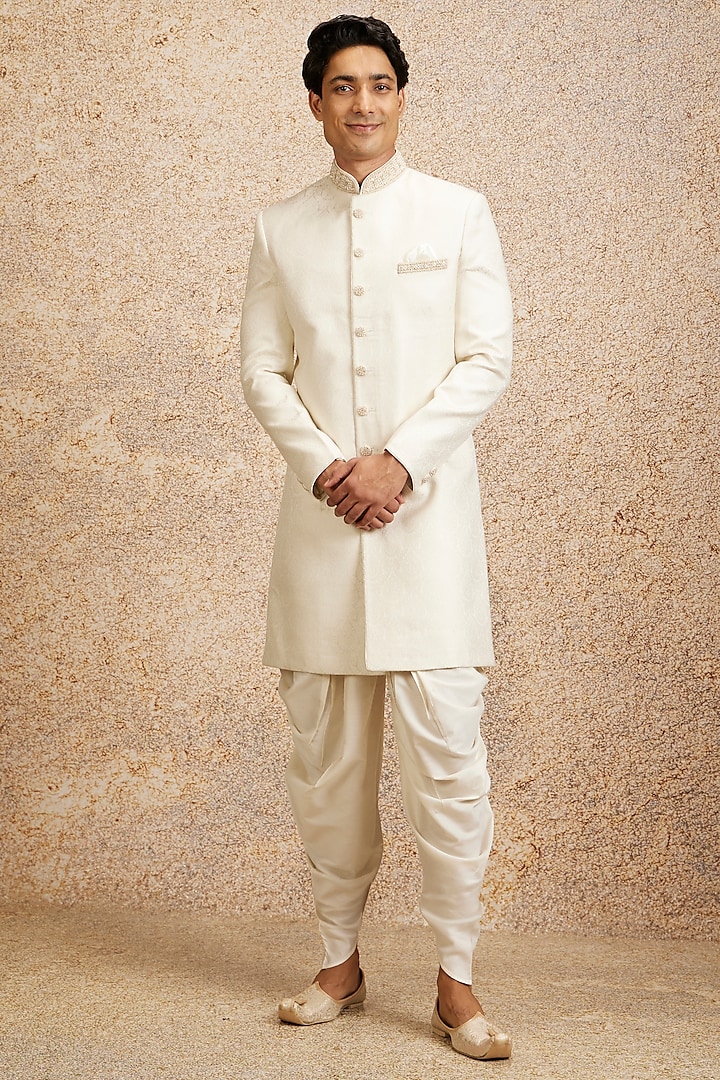 Cream Brocade Stone Work Self-Textured Wedding Sherwani Set by Twamev at Pernia's Pop Up Shop