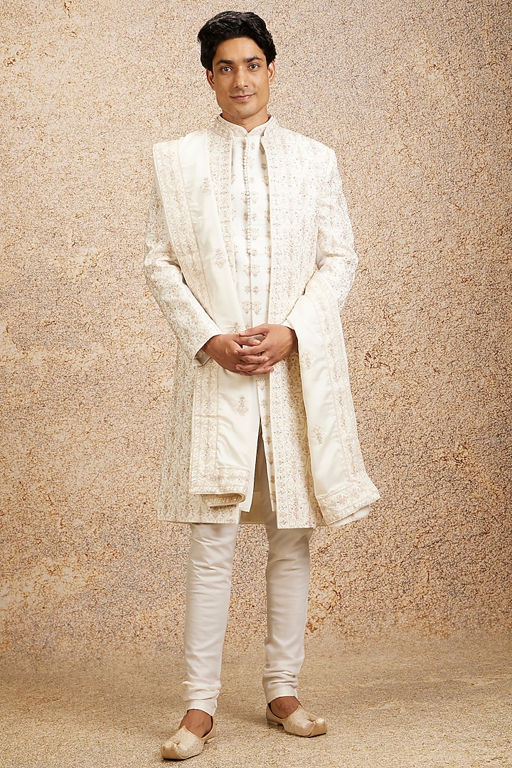 Warm White Satin Zari Embroidered Sherwani Set by Twamev