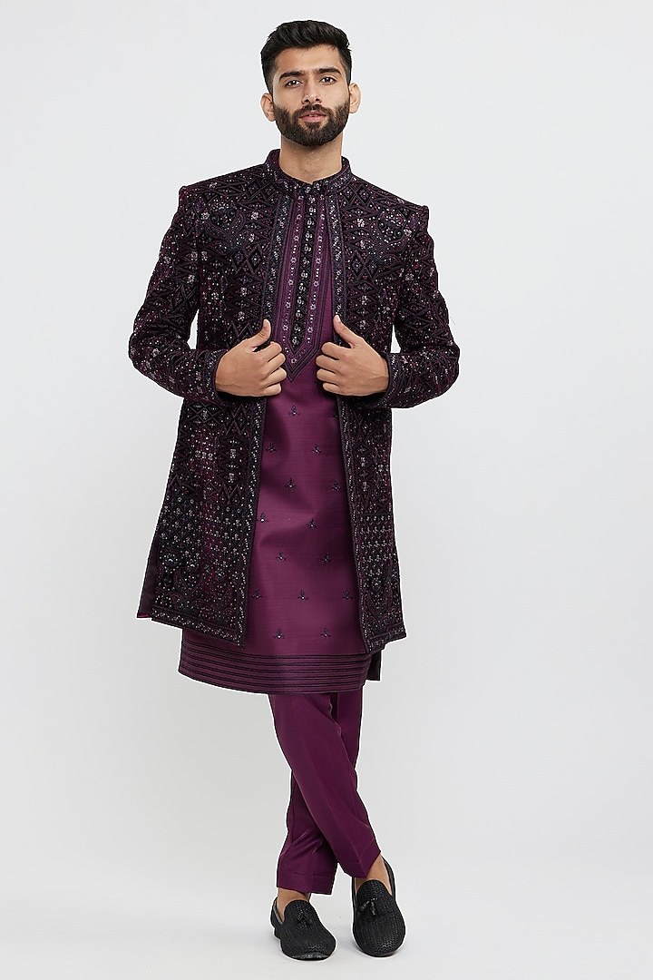 Wine Velvet Embroidered Indowestern Set by Twamev at Pernia's Pop Up Shop