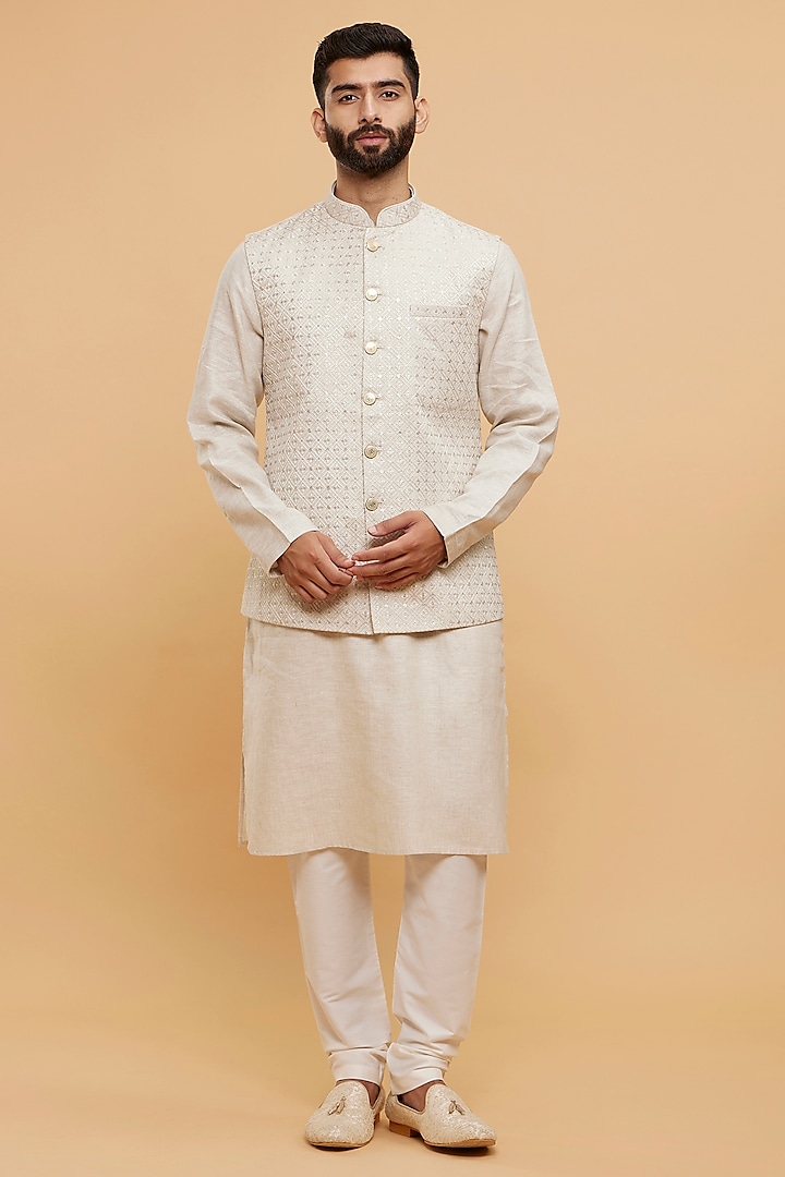 Natural Beige Blended Linen Threadwork Bundi Jacket Set by Twamev