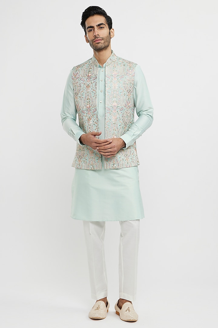 Green Blended Viscose Embroidered Bundi Jacket Set by Twamev at Pernia's Pop Up Shop