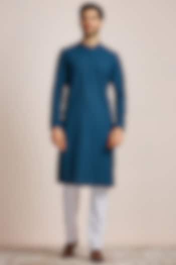 Blue Blended Cotton Embroidered Kurta Set by Manyavar at Pernia's Pop Up Shop