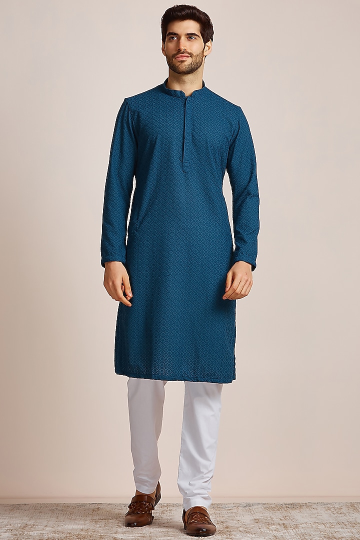 Blue Blended Cotton Embroidered Kurta Set by Manyavar at Pernia's Pop Up Shop