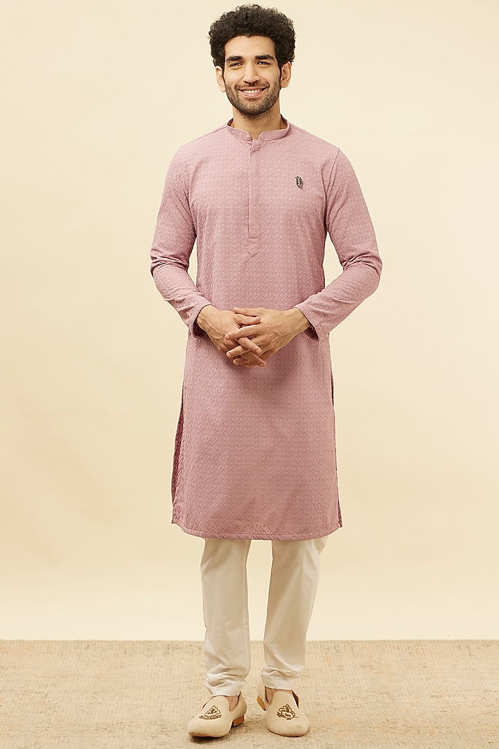 Pink Blended Cotton Chikankari Kurta Set by Manyavar