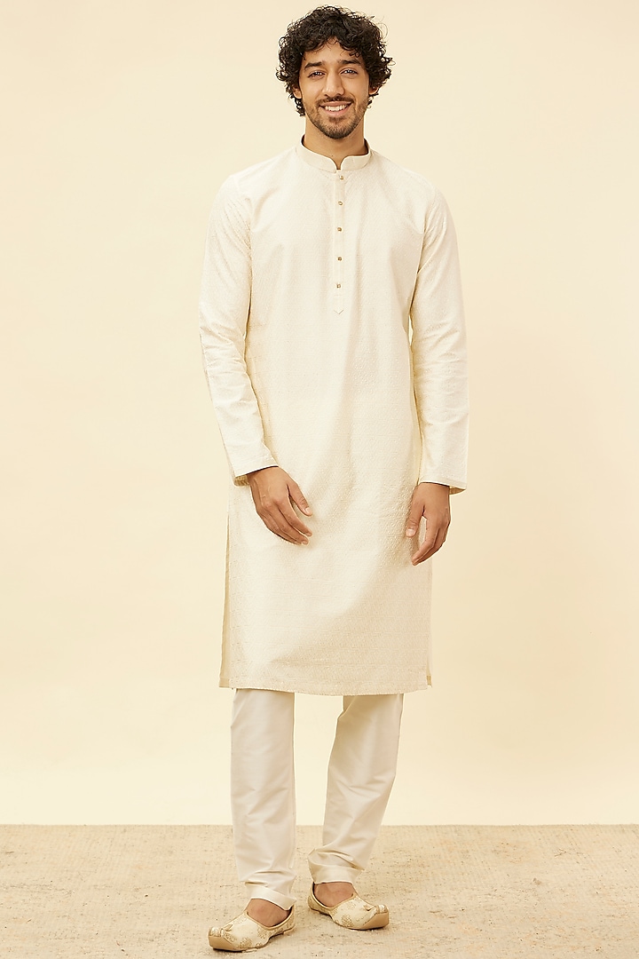 Cream Blended Viscose Kurta Set by Manyavar