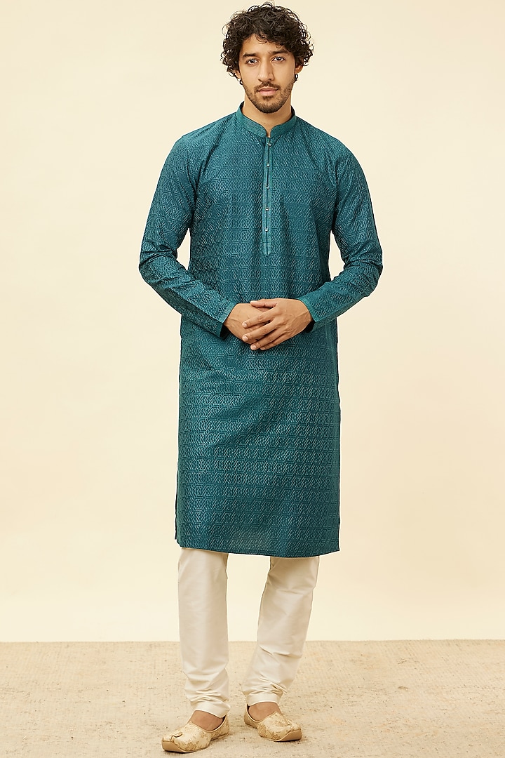 Green Blended Viscose Kurta Set by Manyavar