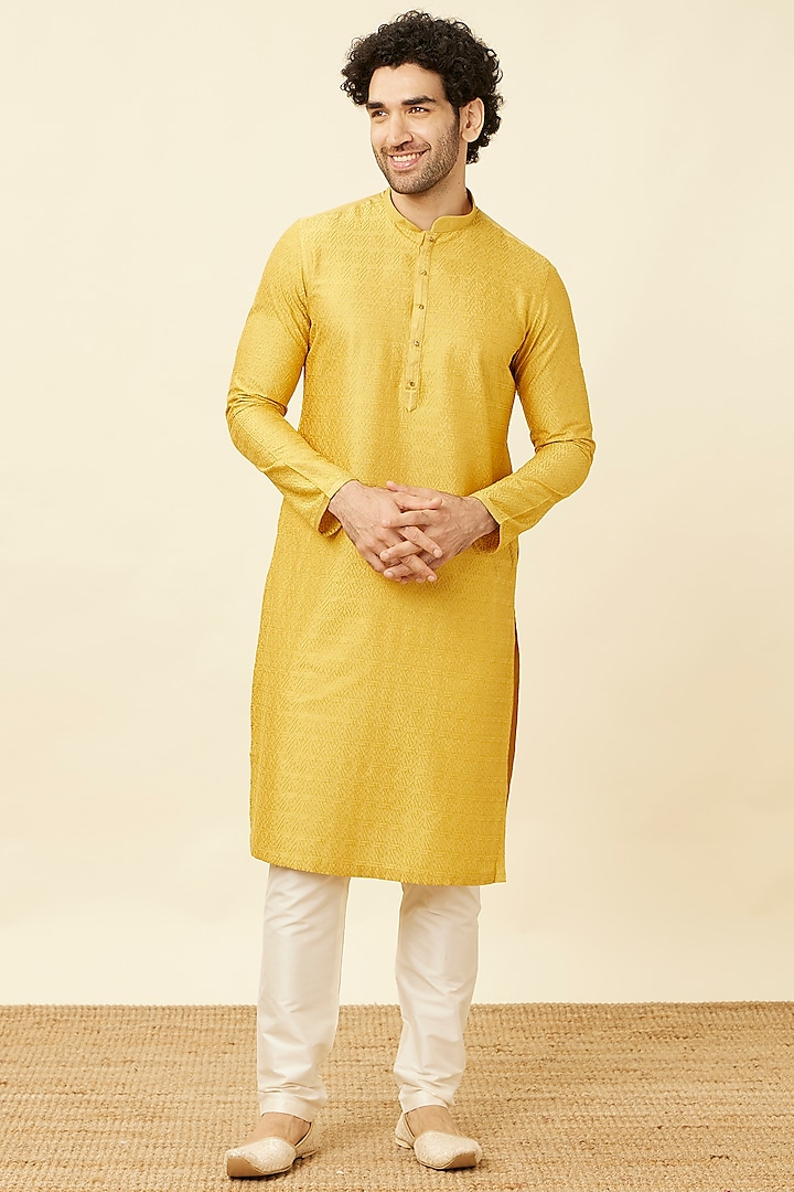 Mustard Blended Viscose Printed Kurta Set by Manyavar at Pernia's Pop Up Shop