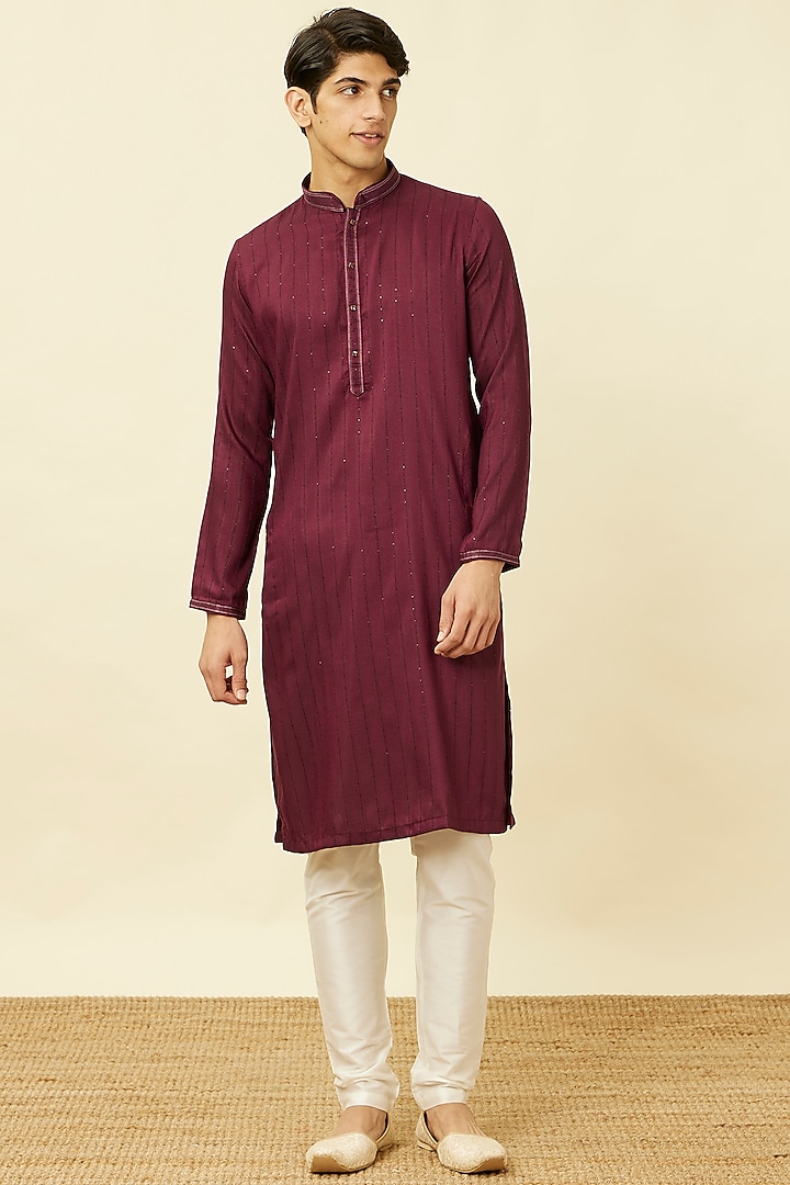 Wine Art Silk Striped Kurta Set by Manyavar at Pernia's Pop Up Shop