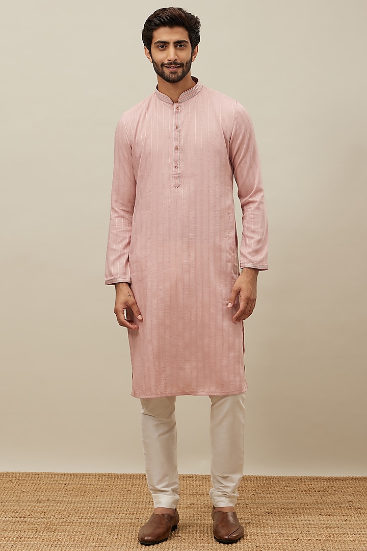 Light Pink Art Silk Striped Kurta Set by Manyavar