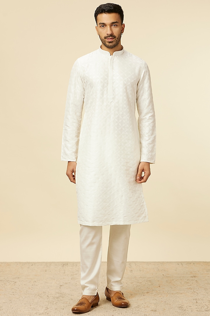 White Art Silk Embroidered Kurta Set by Manyavar