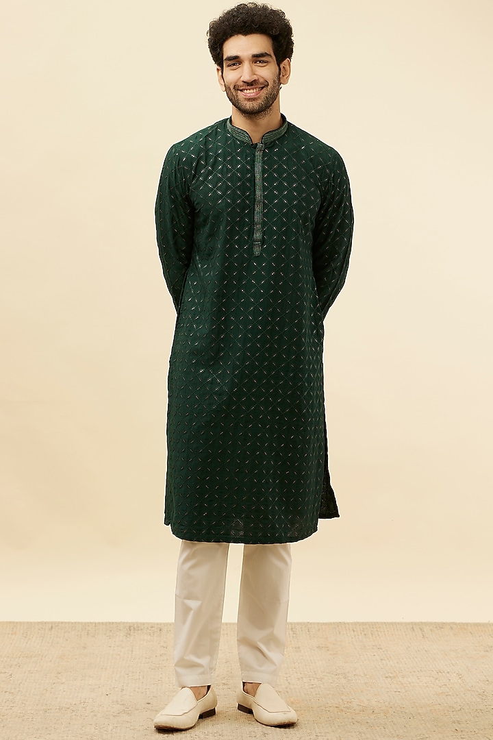 Empire Green Art Silk Embroidered Kurta Set by Manyavar