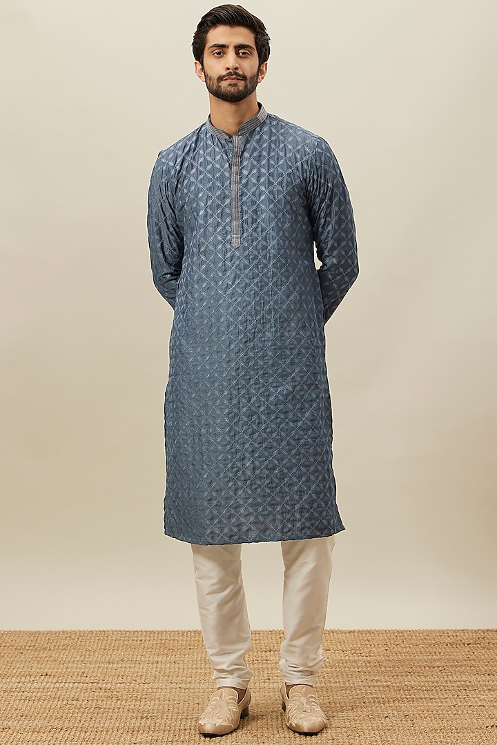 Slate Blue Art Silk Kurta Set by Manyavar at Pernia's Pop Up Shop