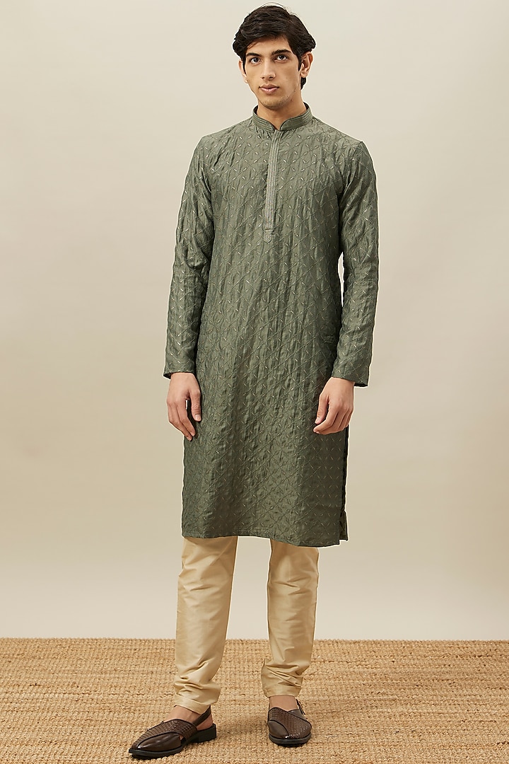 Hunter Green Art Silk Kurta Set by Manyavar