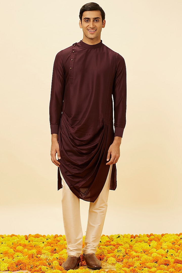 Wine Art Silk Draped Angrakha Kurta Set by Manyavar at Pernia's Pop Up Shop