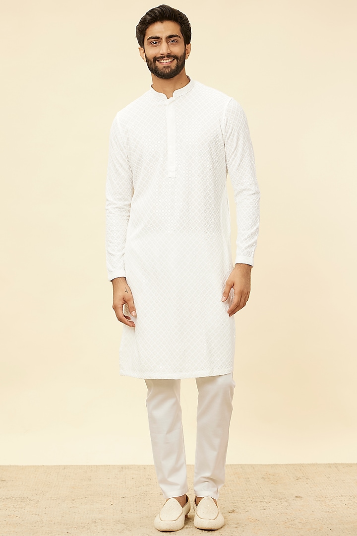 White Viscose Embroidered Kurta Set by Manyavar