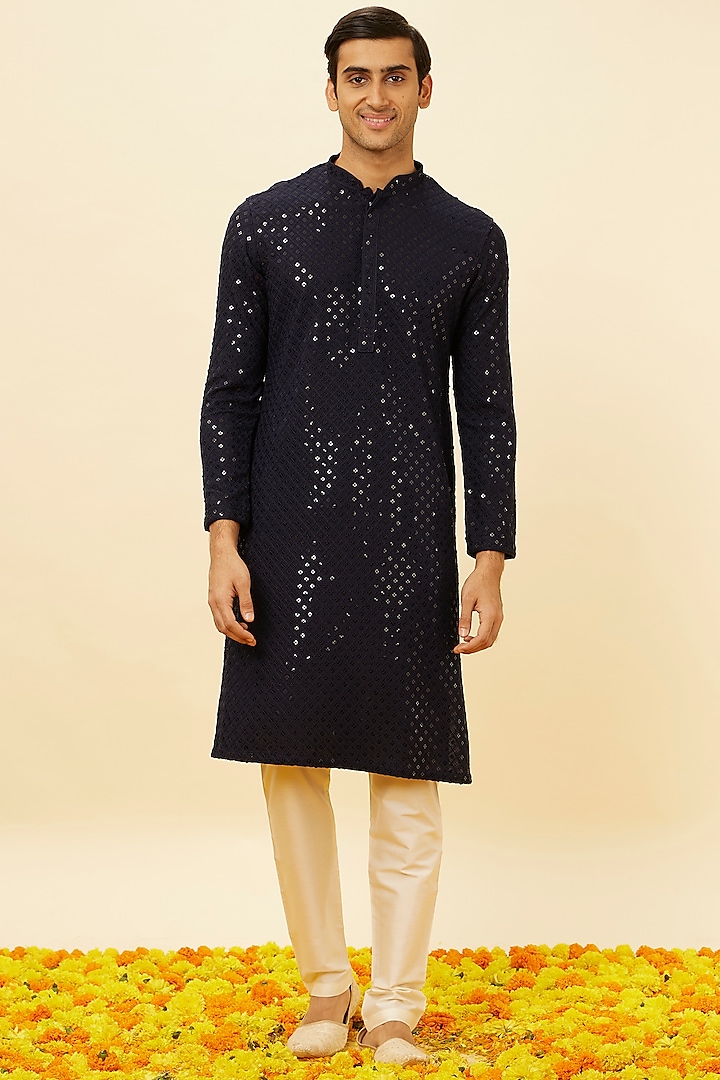 Midnight Blue Viscose Sequins Embroidered Kurta Set by Manyavar at Pernia's Pop Up Shop