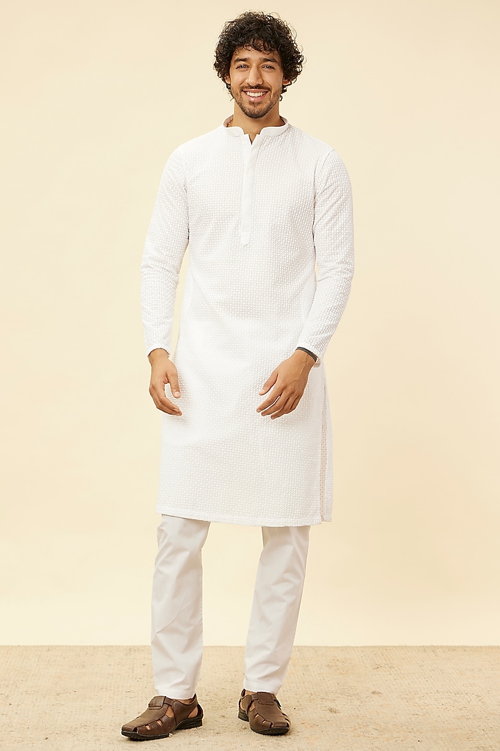 White Blended Cotton Embroidered Kurta Set by Manyavar