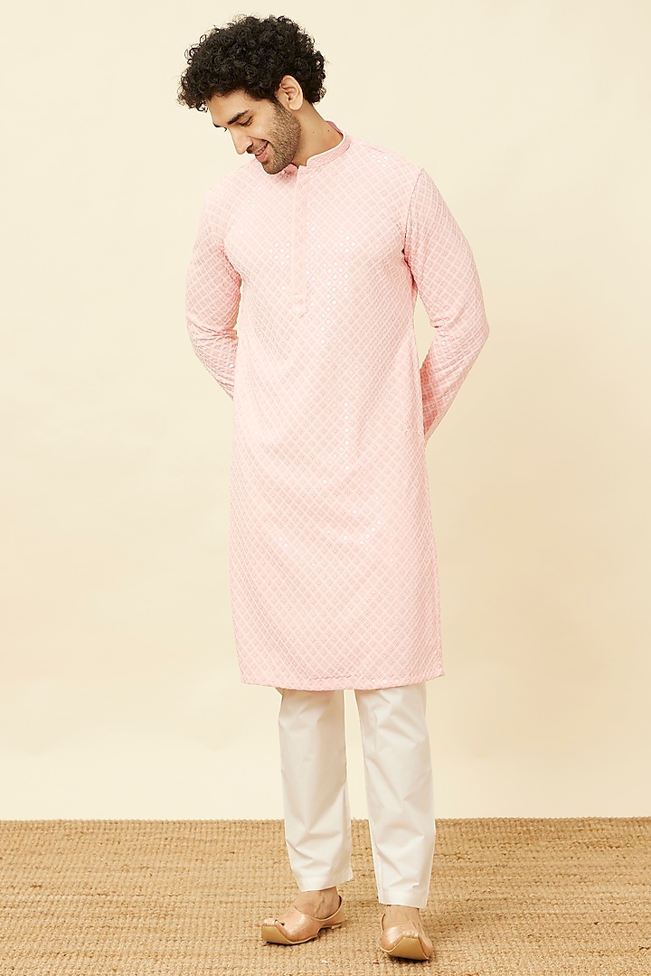 Flamingo Pink Viscose Chikankari Embroidered Kurta Set by Manyavar