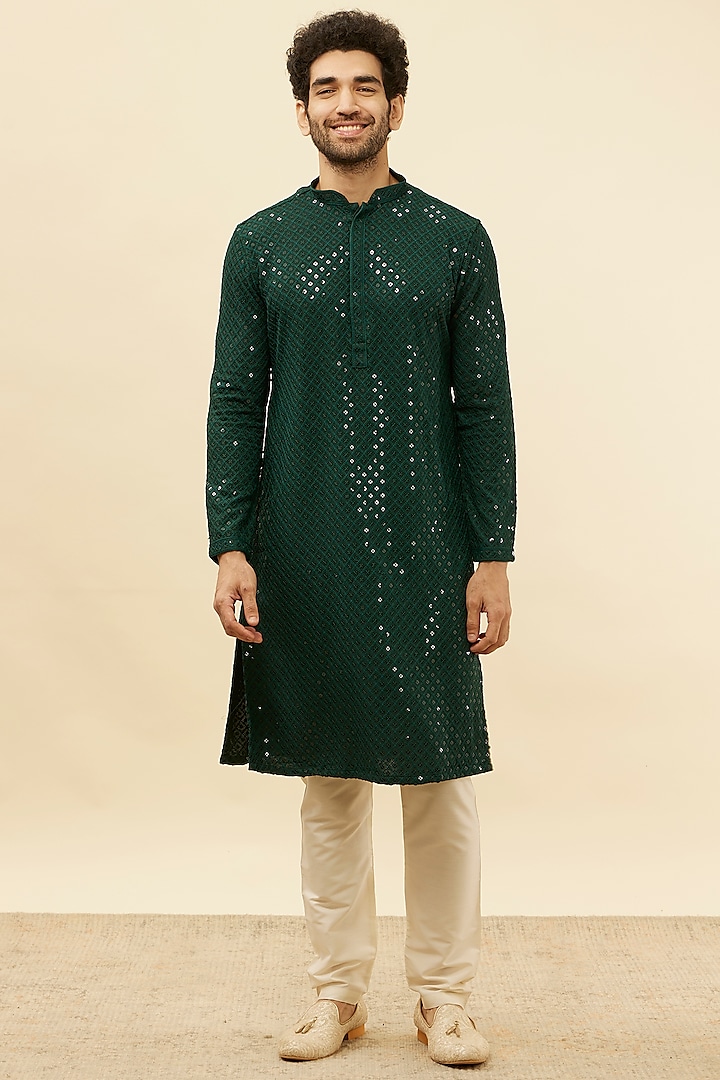 Forest Green Viscose Chikankari Embroidered Kurta Set by Manyavar