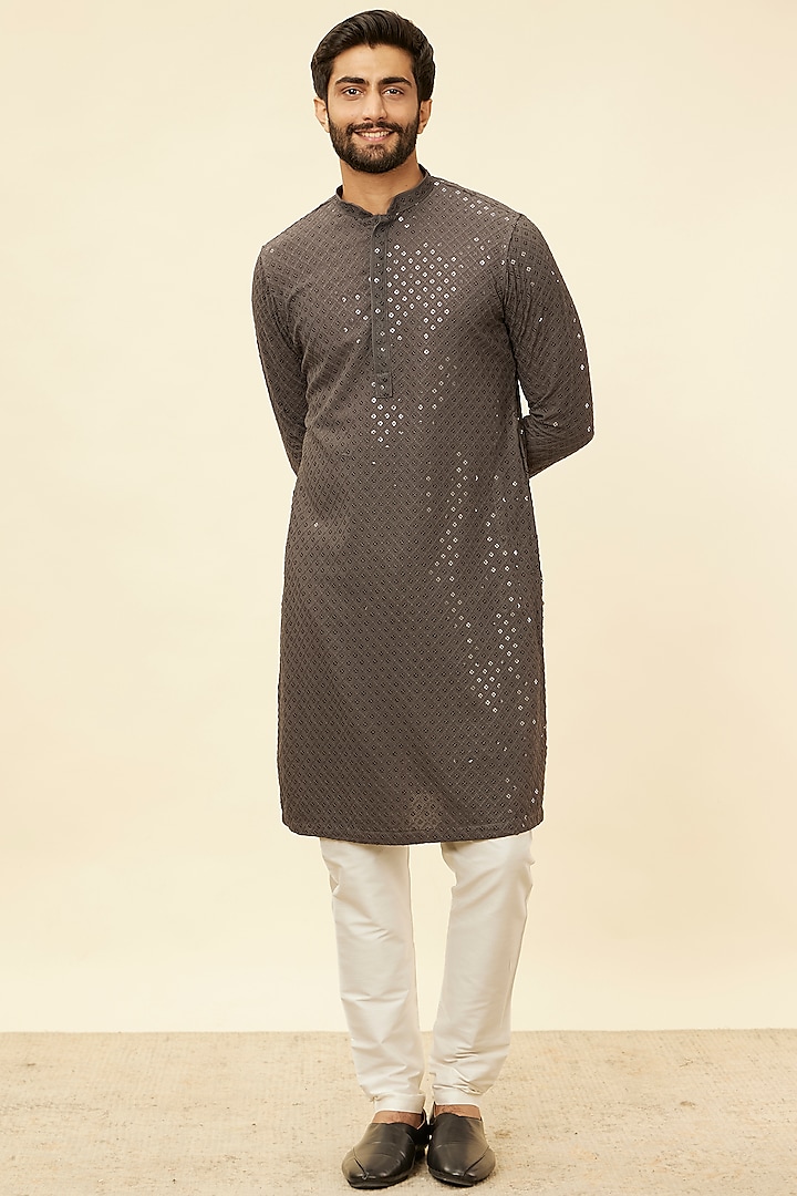 Grey Viscose Embroidered Kurta Set by Manyavar at Pernia's Pop Up Shop