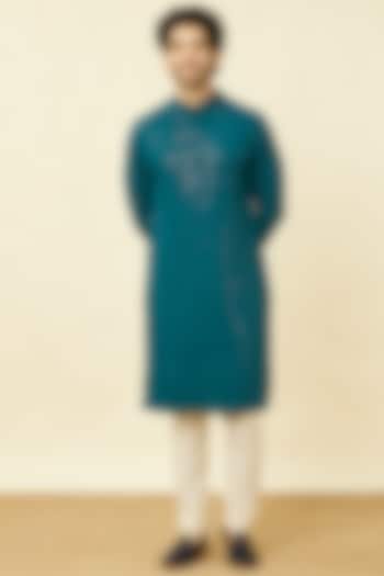 Teal Blue Viscose Embroidered Kurta Set by Manyavar at Pernia's Pop Up Shop