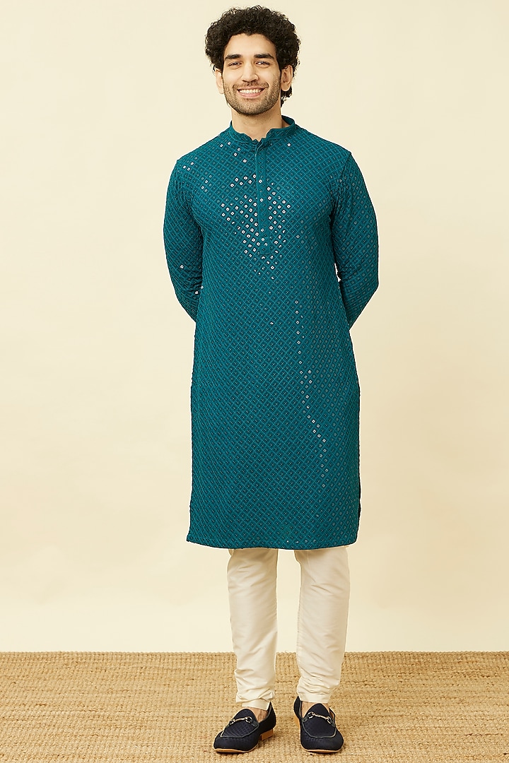 Teal Blue Viscose Embroidered Kurta Set by Manyavar at Pernia's Pop Up Shop