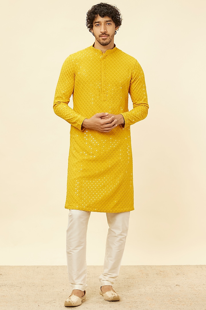 Mustard Viscose Embroidered Kurta Set by Manyavar at Pernia's Pop Up Shop