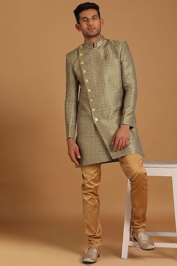 Light Green Art Silk Textured Indowestern Set by Manyavar at Pernia's Pop Up Shop