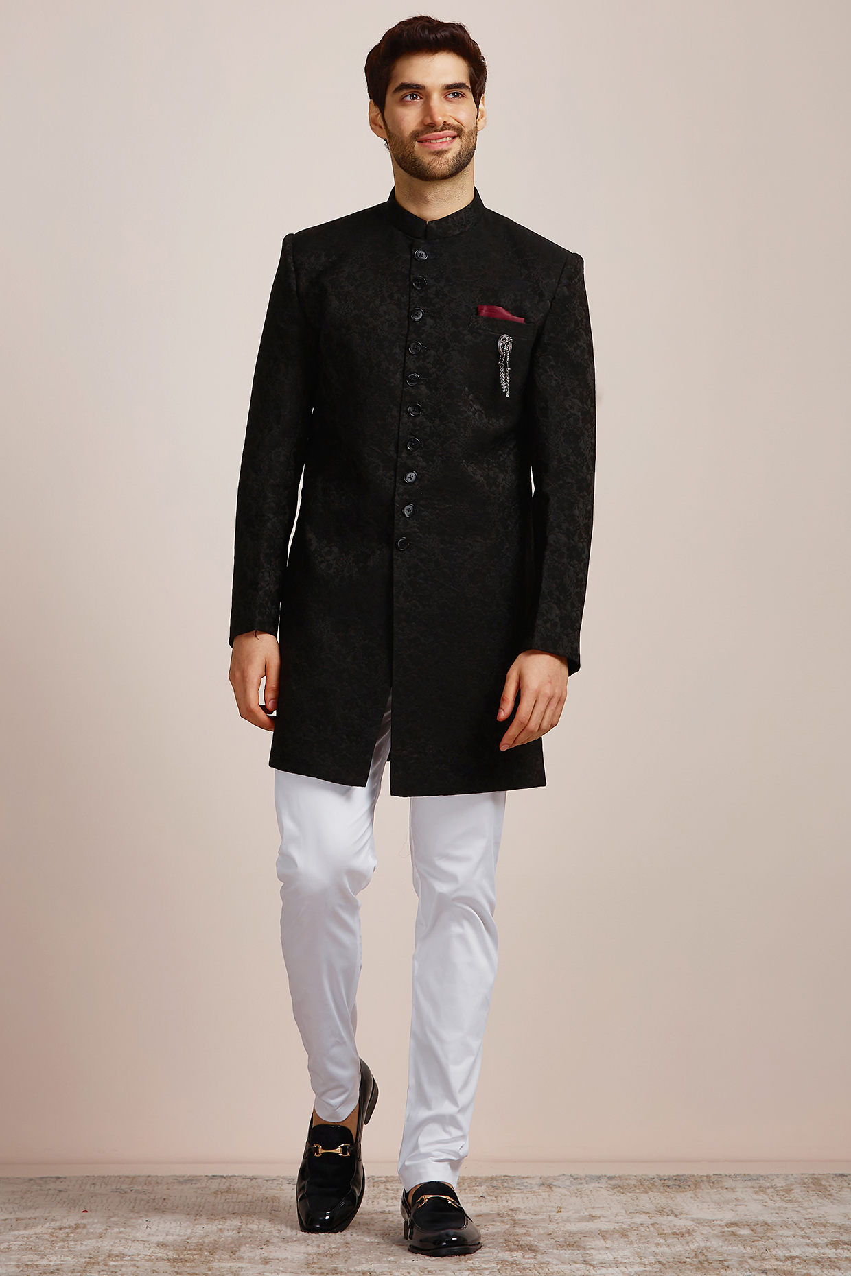 Black Blended Rayon Self-Textured Indowestern Set by Manyavar at Pernia's Pop Up Shop