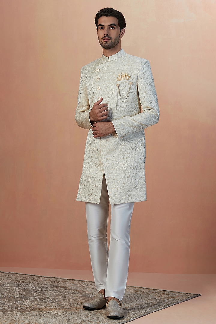 Beige Brocade Self-Textured Indowestern Set by Manyavar