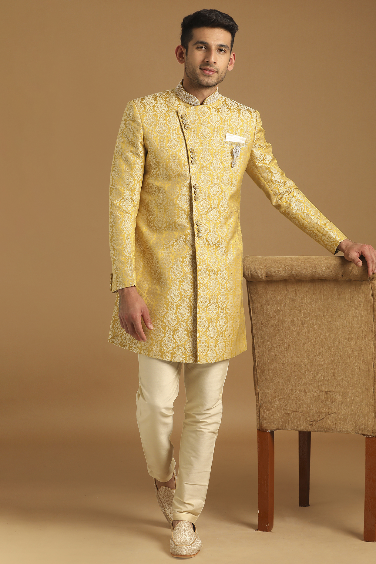 Yellow Self-Textured Indowestern Set by Manyavar at Pernia's Pop Up Shop
