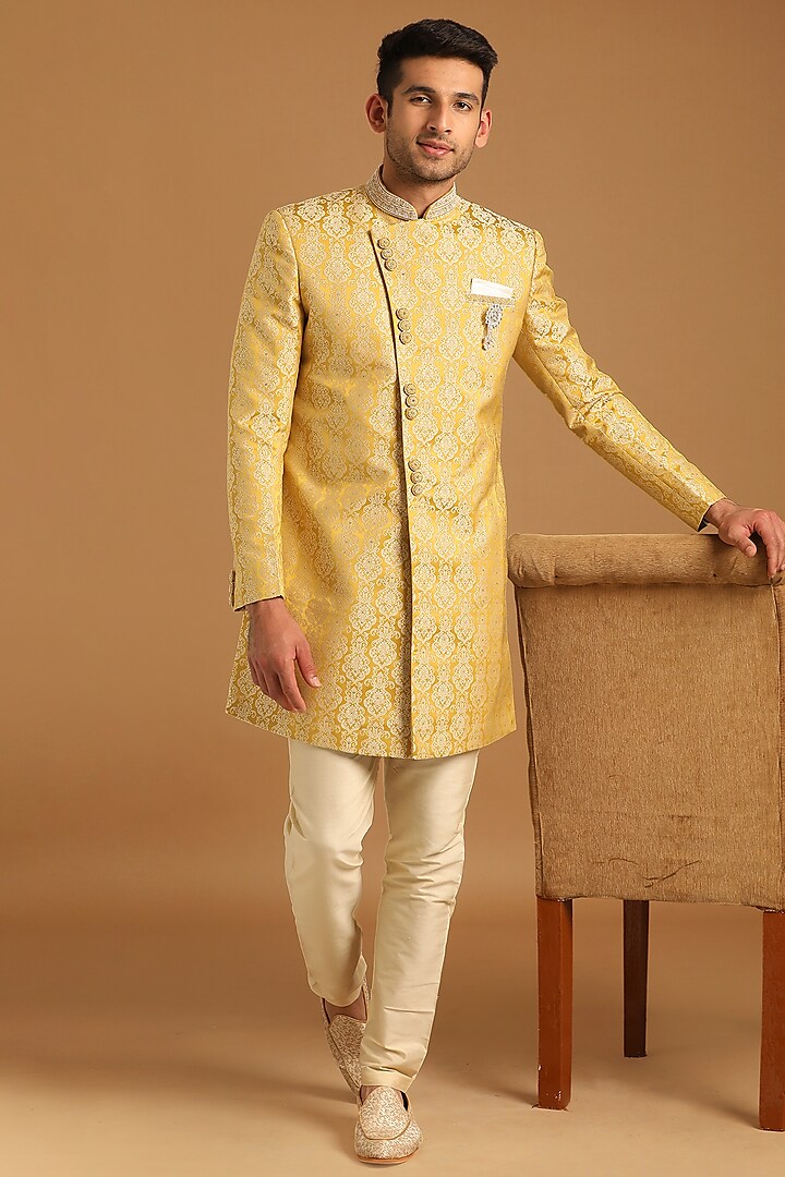Yellow Self-Textured Indowestern Set by Manyavar at Pernia's Pop Up Shop
