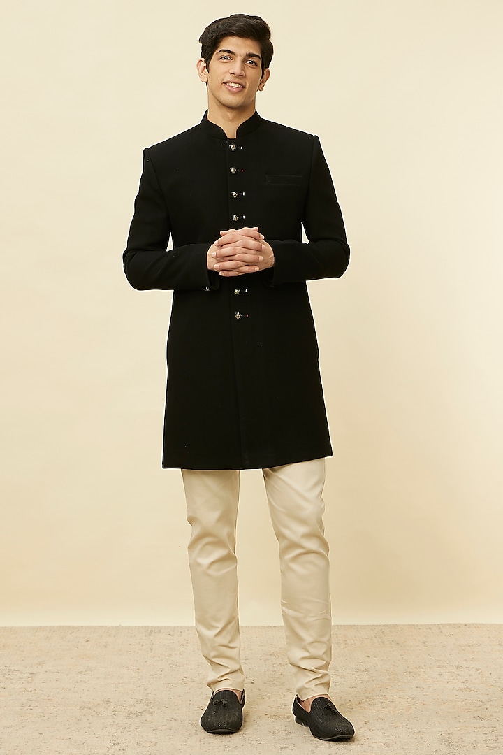 Black Self-Textured Indowestern Set by Manyavar