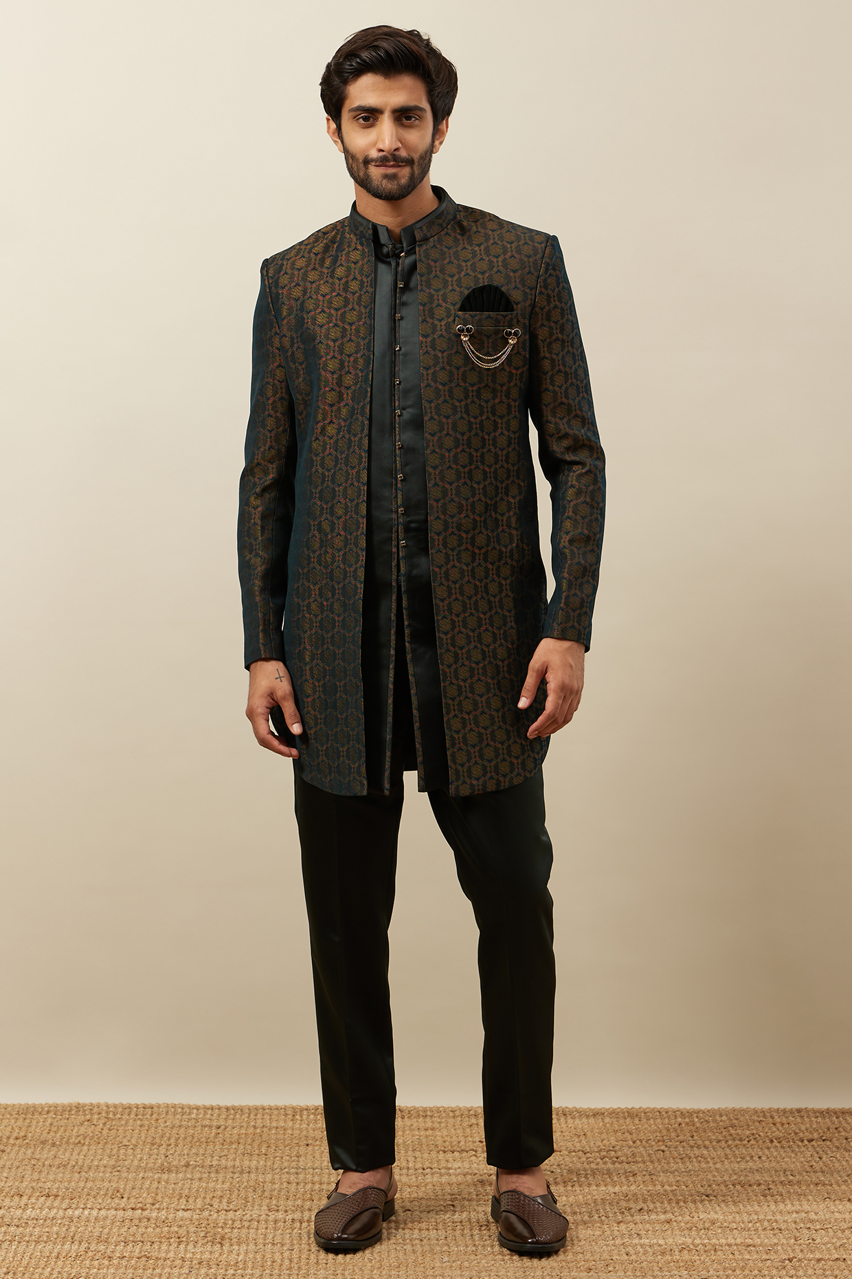 Dark Green Blended Rayon Textured Indowestern Set by Manyavar at Pernia's Pop Up Shop