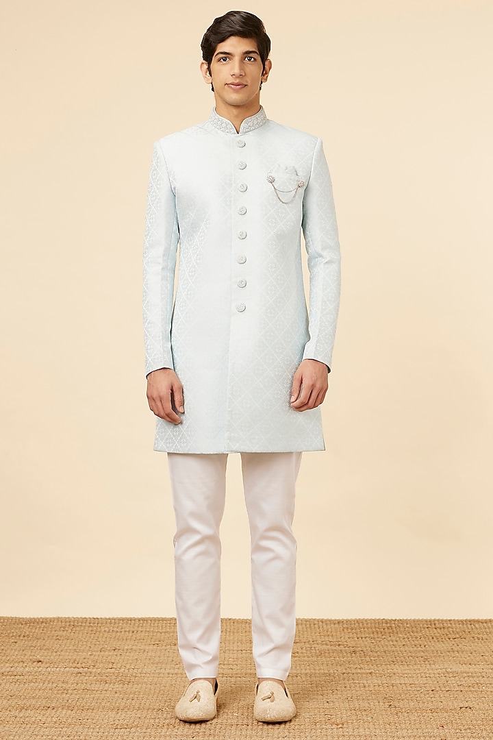 Light Blue Brocade Self-Textured Indowestern Set by Manyavar