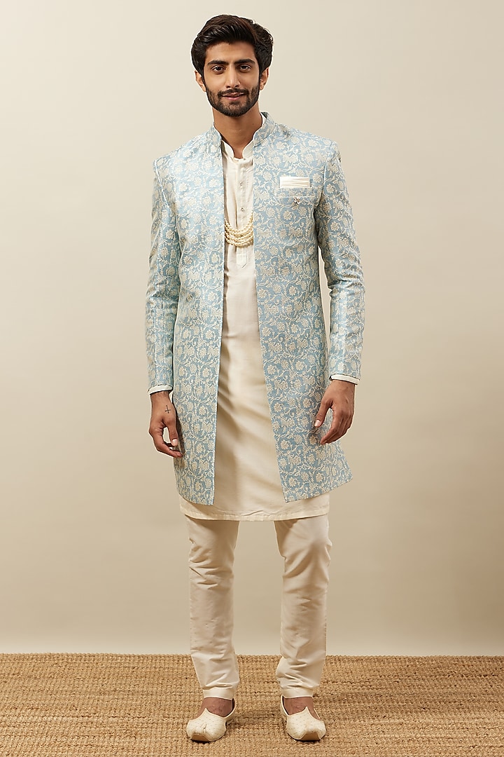 Light Blue Brocade Self-Textured Indowestern Set by Manyavar