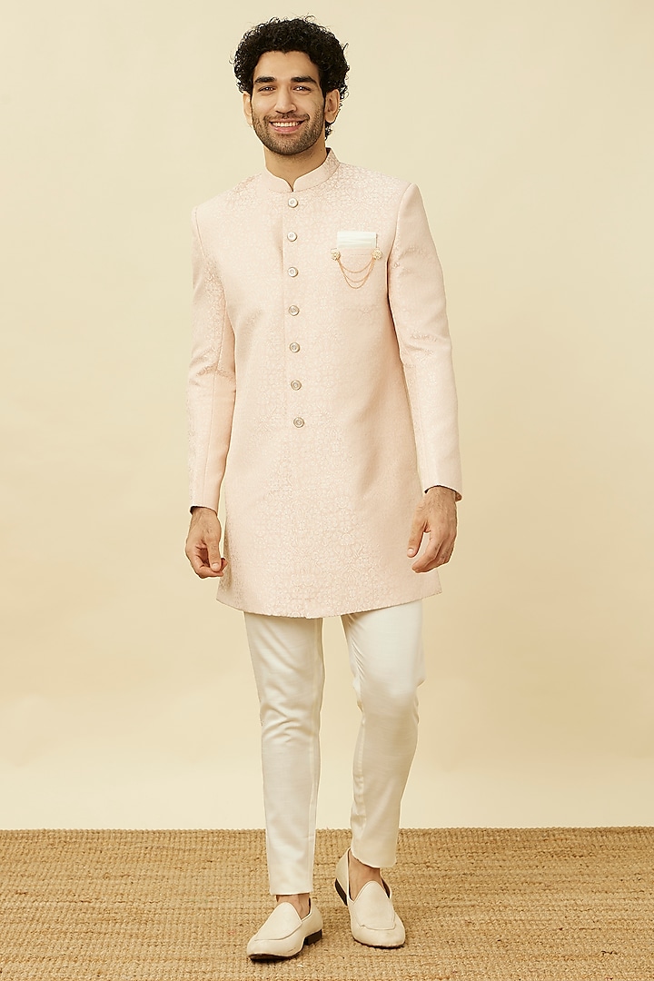 Pink Brocade Self-Textured Indowestern Set by Manyavar