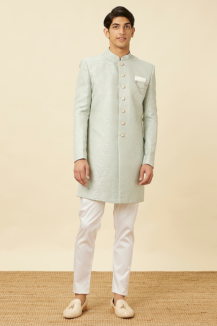 Light Blue Brocade Self-Textured Indowestern Set by Manyavar