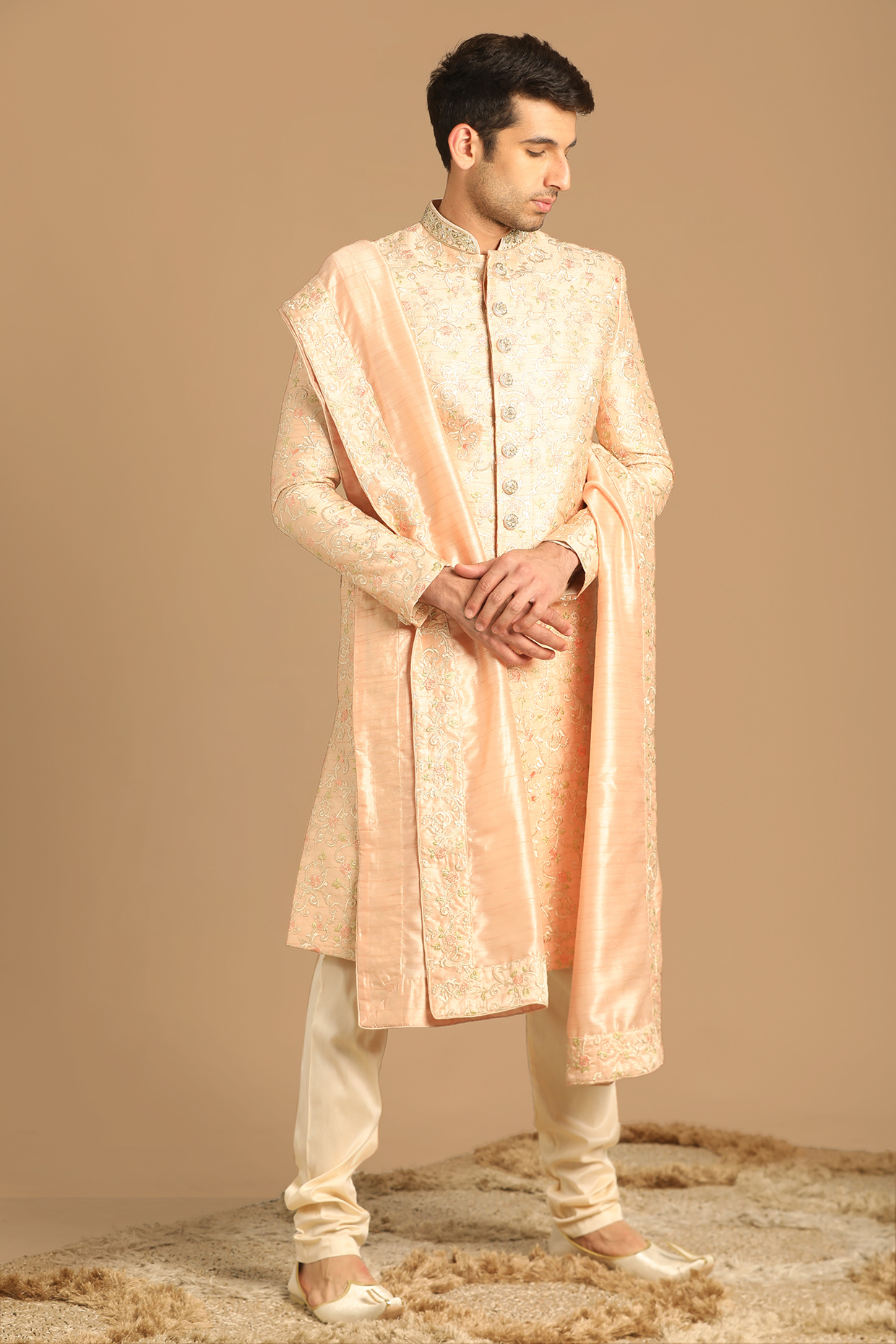 Peach Art Silk Self-Textured Sherwani Set by Manyavar at Pernia's Pop Up Shop