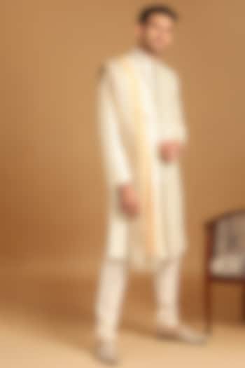 Cream Art Silk Self-Textured Sherwani Set by Manyavar at Pernia's Pop Up Shop