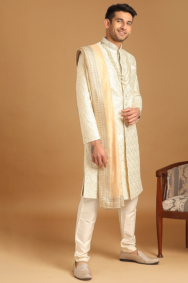 Cream Art Silk Self-Textured Sherwani Set by Manyavar at Pernia's Pop Up Shop