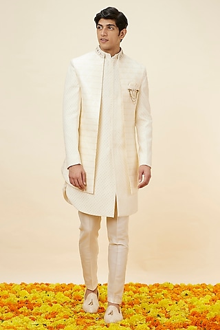 Cream Art Silk Self-Textured Indo Western Set by Manyavar