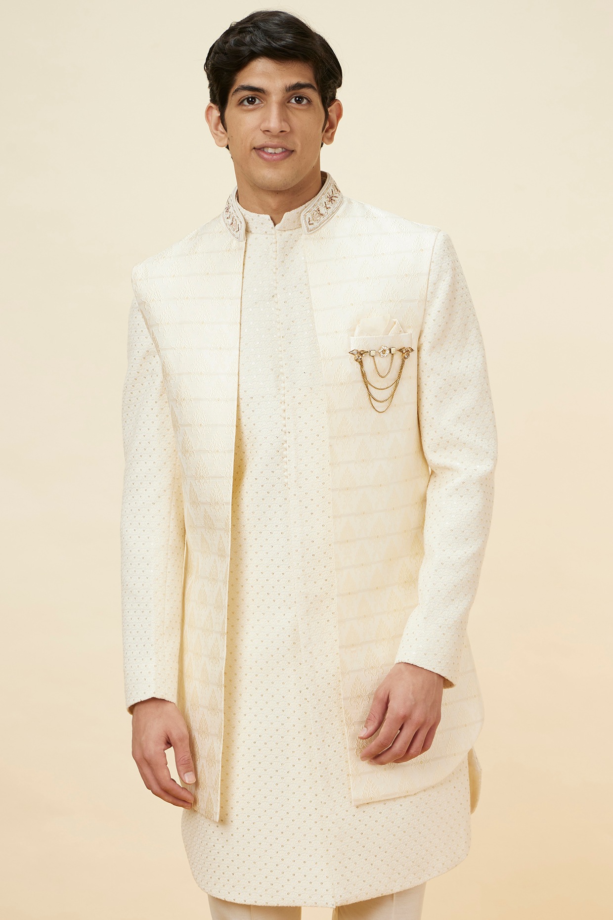 Buy Manyavar Cream Art Silk Self Textured Indo Western Set at Pernia sPopUpShopMen 2024